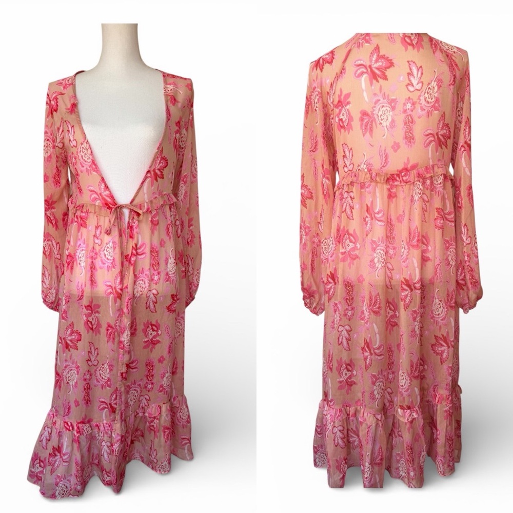 Ontwelfth Fairycore Boho Chiffon Pink Red Floral Ruffle Tie Front Sheer Duster M